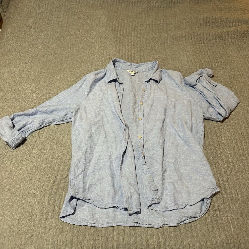 Orvis Classic Women’s Light Blue Linen Blend Button-Up Roll Sleeve Shirt XL
